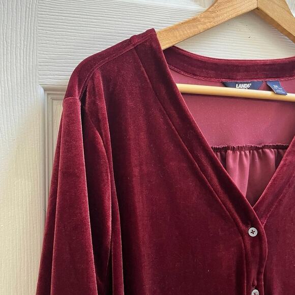 Lands End Rich Burgundy Velvet V Neck Long Sleeve Button Down Blouse Size 3X - Picture 8 of 12